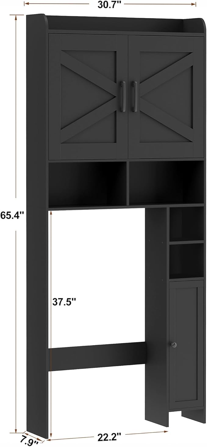 Homhedy Wooden Over The Toilet Storage Cabinet with Barn Door | Freestanding Bathroom Storage, Toilet Paper Holder, Adjustable Shelf,Space-Saving, Farmhouse Style, Black