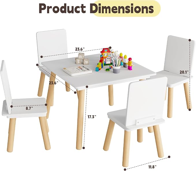 Kids Table and Chairs Set, 5 Pieces Toddler Table and Chair Set, Kids' Table & 4 Chair Sets, Kid Play Table for Daycare, Classroom, Home (White)