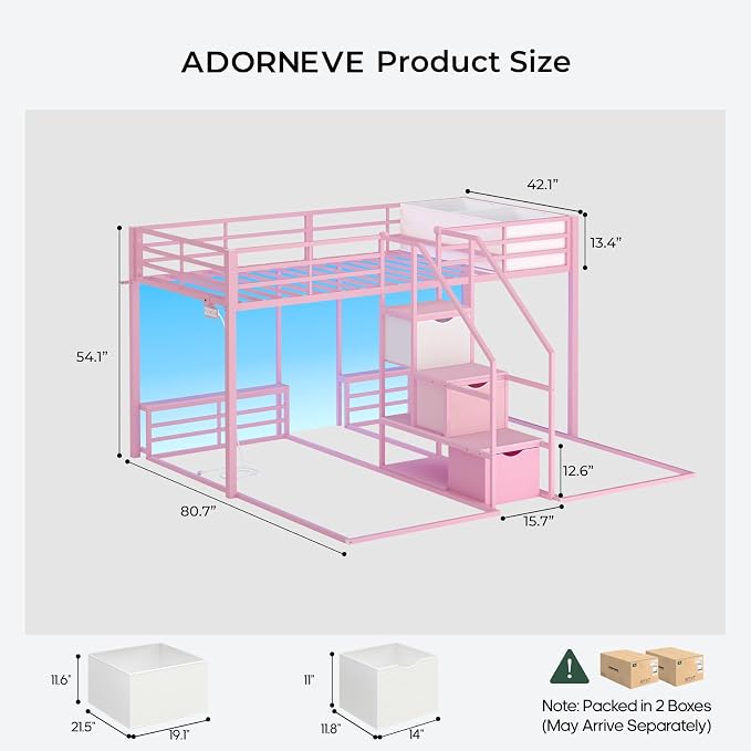 ADORNEVE Triple Bunk Bed Twin Over Twin with Storage Staircase, Pink