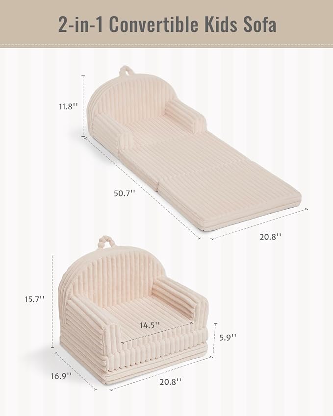 Blissful Diary Foldable Kids Couch, 2-in-1 Kids Sofa Chair, Cream White