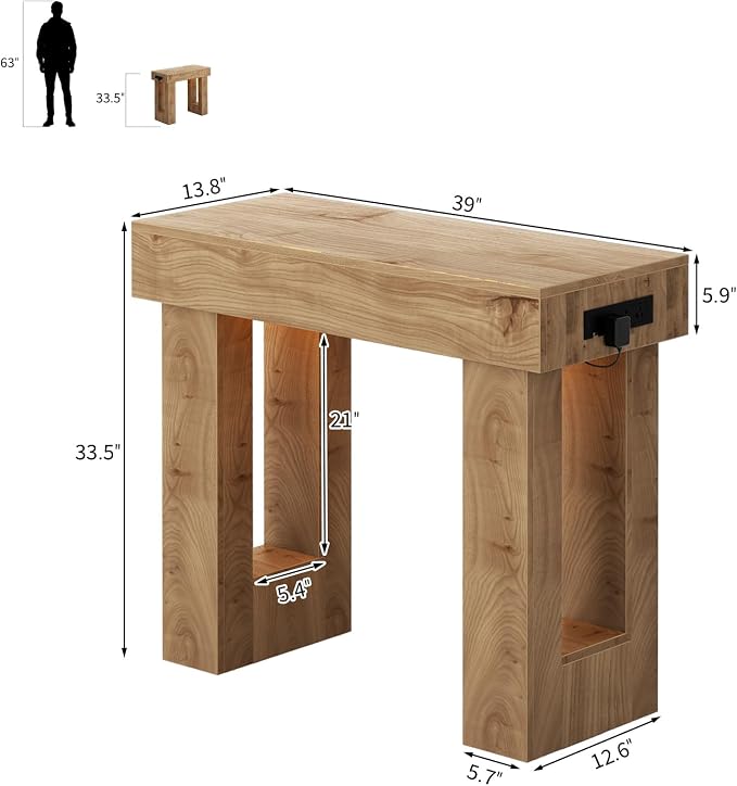 Unikito 39" Entry Table with Sensor Light and Power Outlets, Natural Oak
