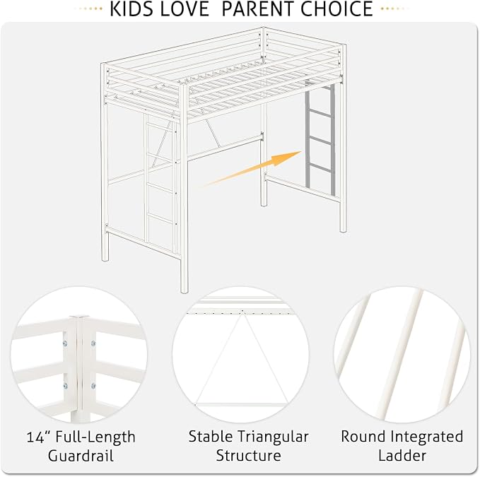 SHA CERLIN Loft Bed Twin Size with Ladder and Guardrail,White