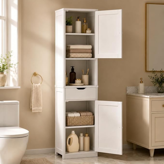 Walsunny Tall Bathroom Storage Cabinet with 6 Adjustable Shelves, White | Anti-Tip Safety, Waterproof MDF, 2 Doors + 1 Drawer, Easy Assembly, for Bathroom/Living Room/Kitchen