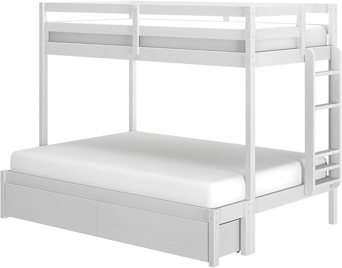Grain & Grove Bear Twin Over Full Bunk Bed with Trundle Bed, Sturdy Bunk Bed Frame for Kids, Plywood Bunk with Ladder, Guardrail, and Slats, No Box Spring Required, Brushed White