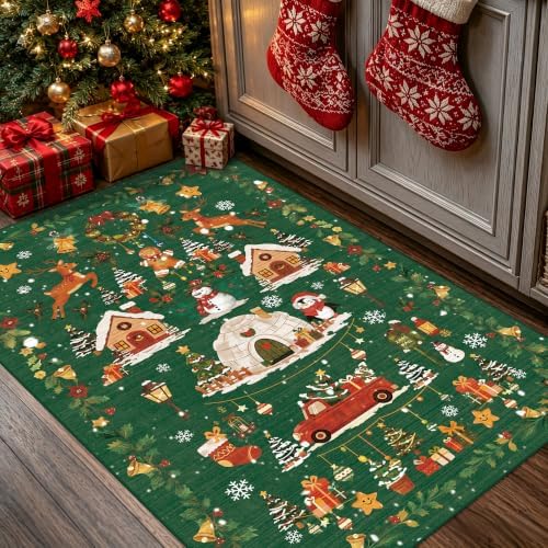 Christmas 2x3 Entryway Area Rug - Non Slip Washable Winter Green Doormat Indoor Soft Low Pile Decorative Floor Mat for Kitchen Bathroom Living Room Bedroom Holiday Home Decor Gift（2x3，Green ）