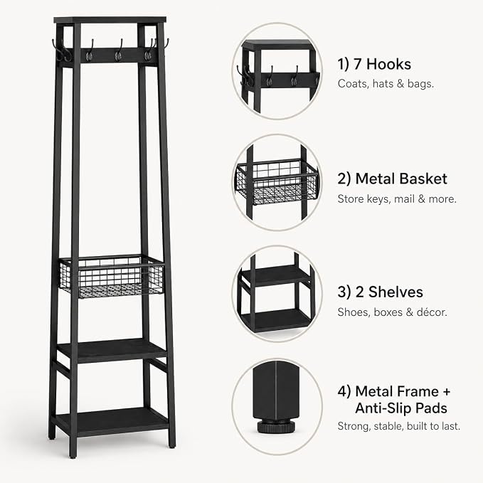 Coat Rack with Metal Basket and Storage Shelves