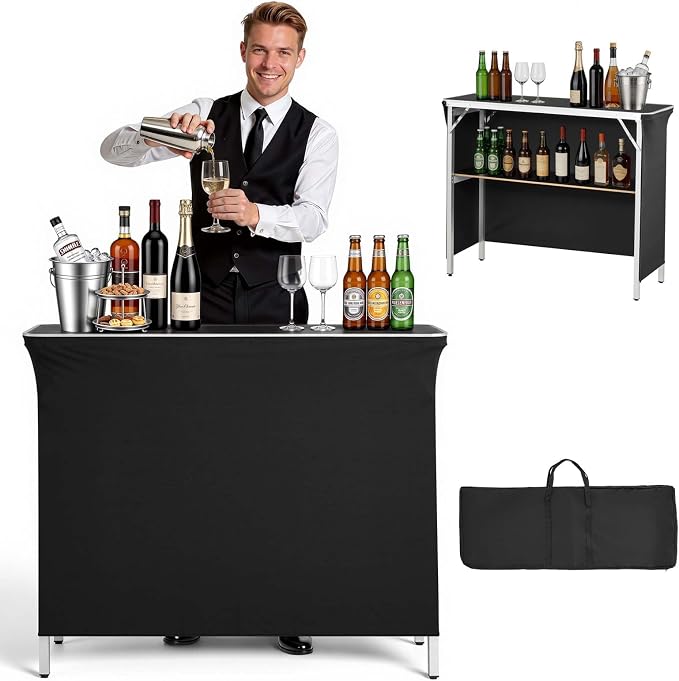 VEVOR Folding Portable Bar Table, 43.3 x 15.4 x 34.6 in, with Carry Bag, Storage Shelf, and Detachable Skirt, Quick and Easy Setup, Foldable Mobile Bartending Station for Events, Party, Tradeshow