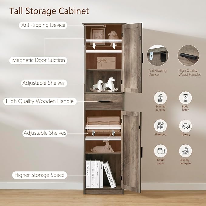 usikey 67'' Tall Storage Cabinet, Narrow Bathroom Floor Storage Cabinet with 4 Shelves & 2 Doors, for Bathroom, Living Room, Rustic Gray