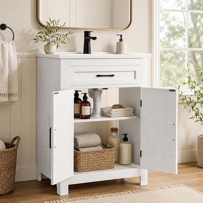 VINGLI 24 Inch Farmhouse Bathroom Vanity with Sink, Antique White Undermount Vanity Sink Cabinet with Barn Doors & U-Shaped Shelf, Freestanding Bathroom Storage Cabinet, Single Hole Ceramic Basin