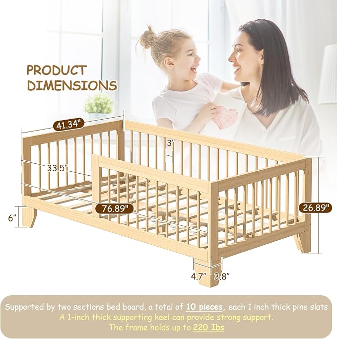 EXPERLAM Montessori Toddler Bed, Variable Twin Floor Bed Frame with Removable Guardrails and Legs, Low Wooden Kids Bed with 10 Slats and Supporting keel, Crib-to-Bed Transition for Bedroom or Nursery