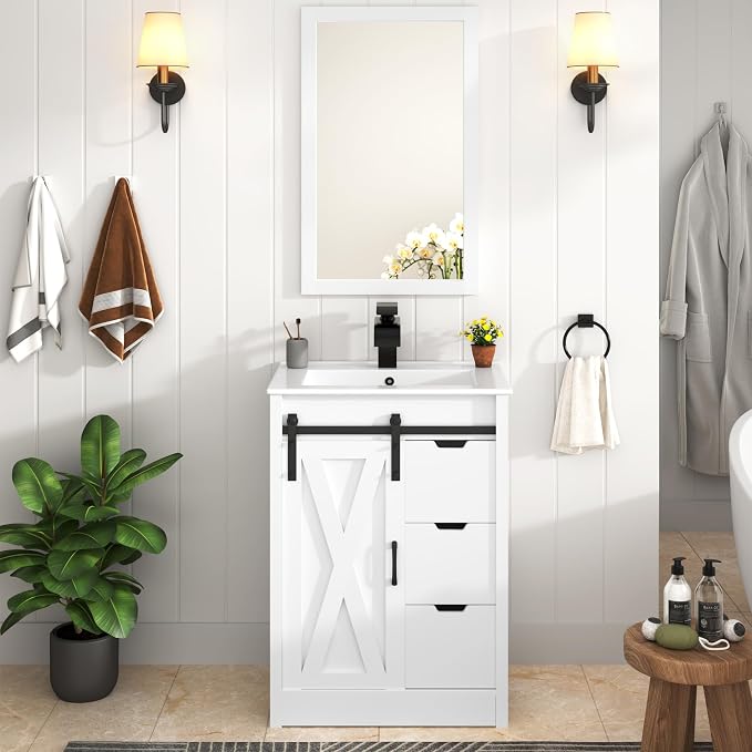 chartustriable 24 Inch Bathroom Vanity with Sink & Faucet & Mirror, Farmhouse Bathroom Vanity Cabinet Set with Sliding Barn Door & Drawers, Small Single Bath Storage Vanity Sink, White
