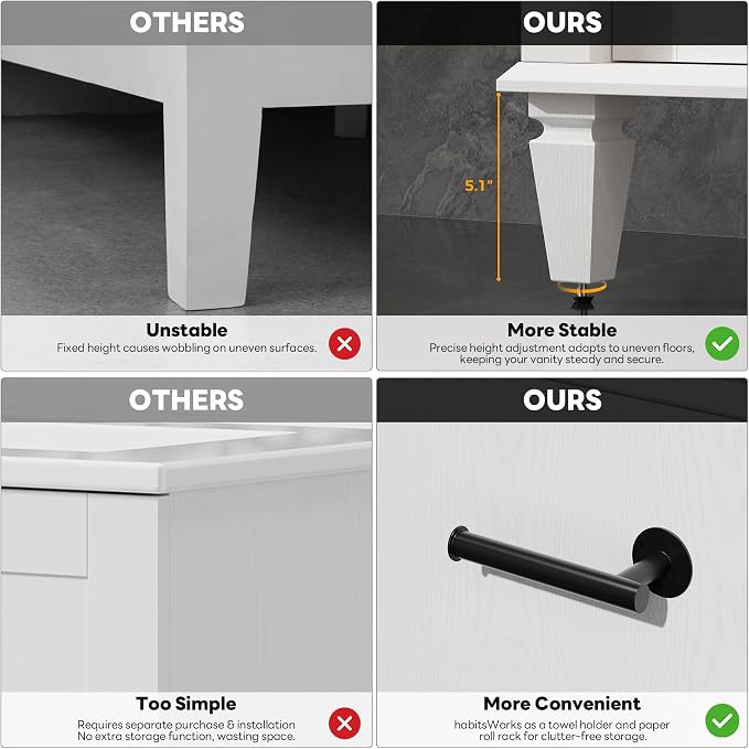 LIKIMIO 36 Inch Bathroom Vanity with Sink, Adjustable Solid Wood Legs | Modern Bathroom Storage Cabinet with Towel Holder, Tip-Out Drawer, 2 Drawers & Adjustable Shelf, Nature