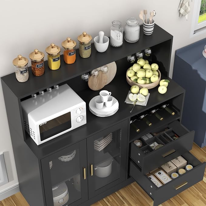 Bar Cabinet for Home with LED Light,Coffee Bar Cabinet w/ Wine & Glass Rack