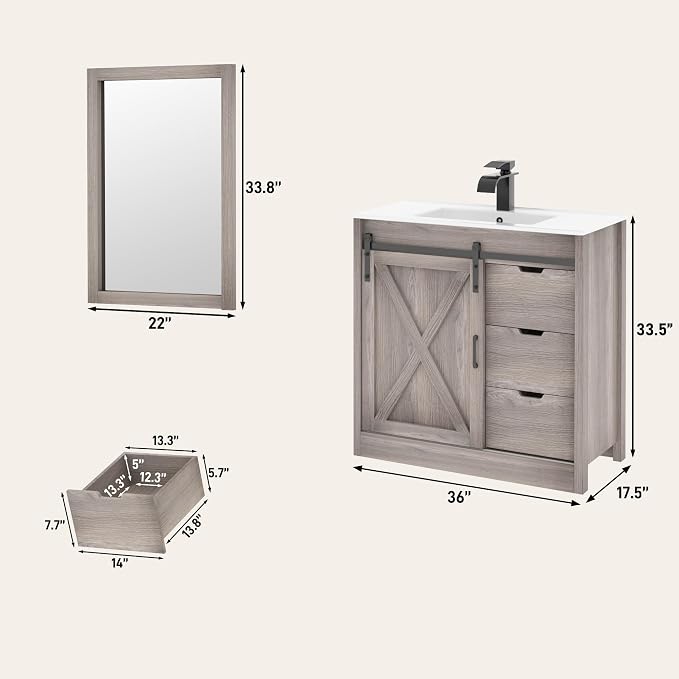 chartustriable 36 Inch Bathroom Vanity with Sink & Faucet & Mirror, Farmhouse Bathroom Vanity Cabinet Set with Sliding Barn Door & Drawers, Small Single Bath Storage Vanity Sink, Grey