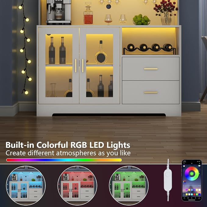 Bar Cabinet for Home with LED Light,Coffee Bar Cabinet w/ Wine & Glass Rack