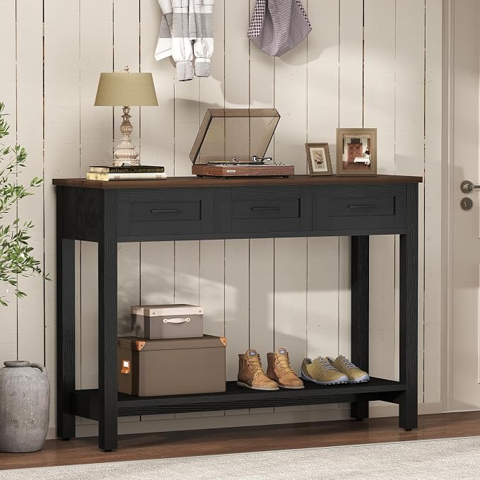YOSHOOT 45" Farmhouse Entryway Console Table, Desk Behind the Couch with 3 Drawers and 2-Tier Shelves, Narrow Sofa Table for Hallway, Bedroom, Living Room, Black Brown