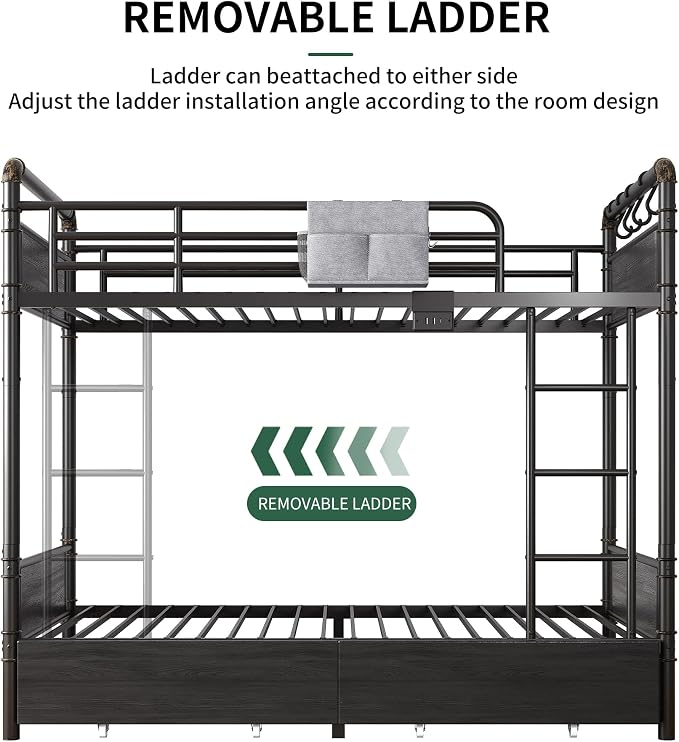 Jocoevol Metal LED Bunk Bed Twin Over Twin with 2 Storage Drawers, USB Charging Station, Industrial Bunkbeds Heavy Duty Bed with Safety Guardrail and Ladder, No Box Spring Needed, Black
