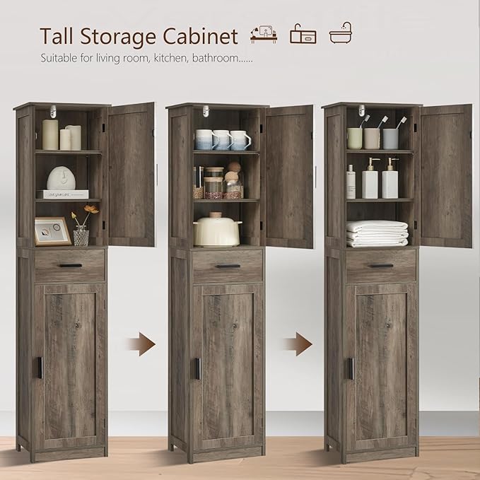 usikey 67'' Tall Storage Cabinet, Narrow Bathroom Floor Storage Cabinet with 4 Shelves & 2 Doors, for Bathroom, Living Room, Rustic Gray