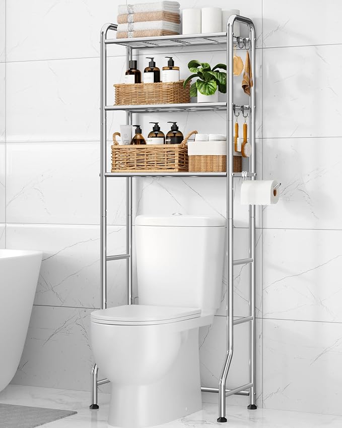 Kitsure Over Toilet Storage Rack, 63.2" H Space-Saving, Holder & Hooks | Bathroom, Laundry Room, Small Spaces, Families, Durable Metal, Chrome, 3 Tier