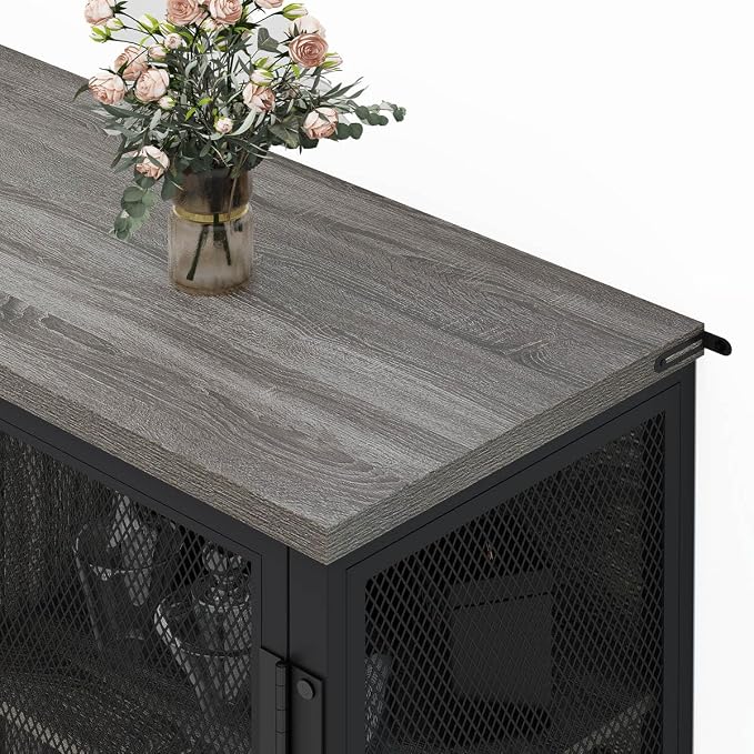 BON AUGURE Small Coffee Bar Cabinet with Storage, Farmhouse Liquor Cabinet for Home Coffee Station, Wood Sideboard Buffet with Doors for Kitchen, Dining Room, Living Room, Dark Grey Oak
