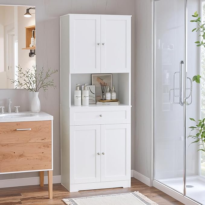 HIFIT Tall Bathroom Storage Cabinet with Drawer, Modern Linen Cabinet,White | 67"H Tall Storage Cabinet with Doors & Shelves, Freestanding Kitchen Pantry for Bathroom, Dining Room, Laundry, Narrow Corner