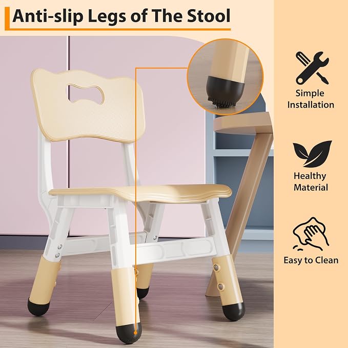 2-Pack Adjustable Kids Chairs, 3-Level Height Plastic Toddler Chair with Non-Slip Base & Stackable Design, for Home School Classroom Daycare Indoor Outdoor Use, Ages 2-8, Natural