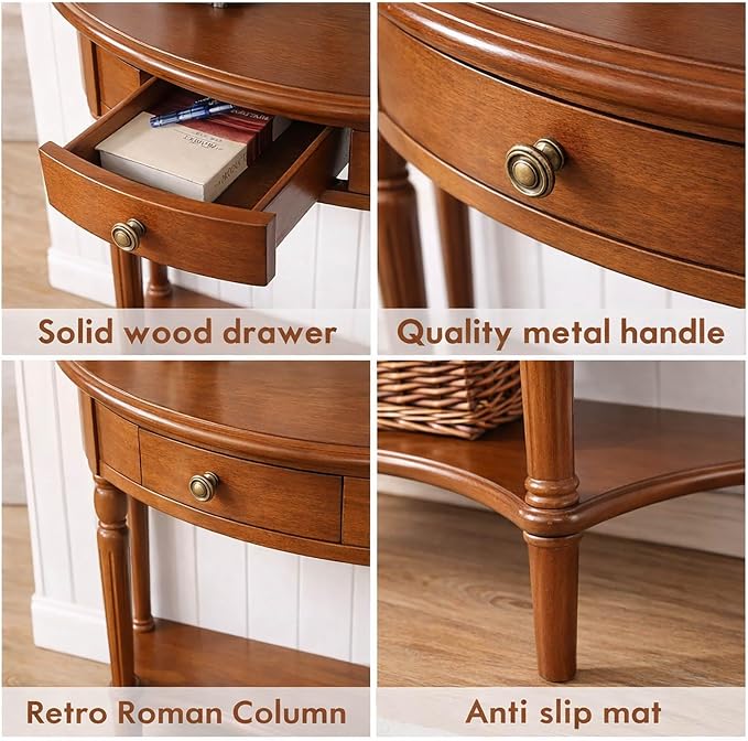 Half Moon Console Table Solid Wood Vintage Entryway Table with Storage Drawer Small Hallway Table for Entryway Half Round Foyer Tables Walnut Entry Way Tables For Entrance (Cherry, W-39.4")