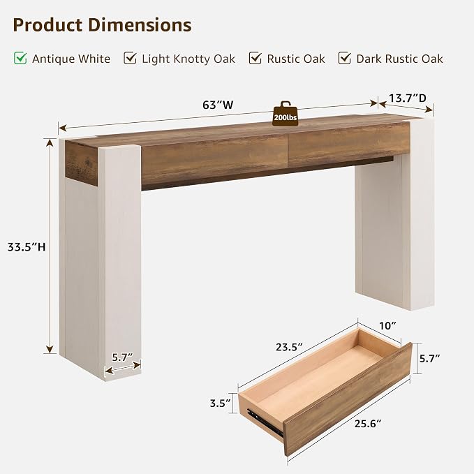 OKD 63" Console Table with Drawers, Thick Block Entryway Table, White