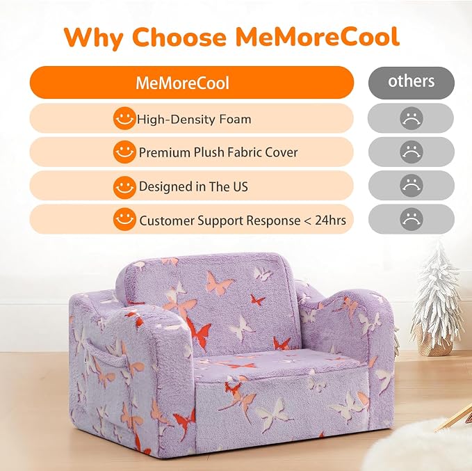 MeMoreCool Kids Couch, Glow Dark Butterfly Fold Out Sofa, Girls, Lavender