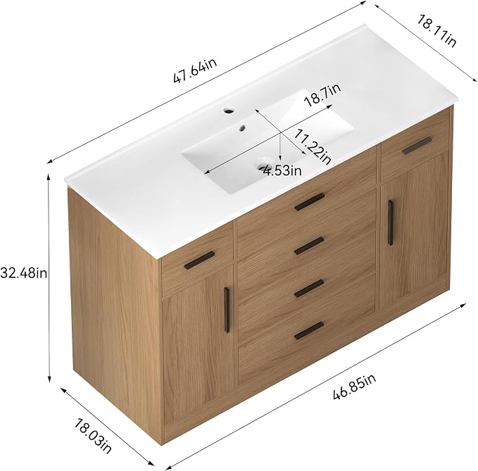 LUMISOL 48 Inch Bathroom Vanity with Sink, Freestanding Bathroom Vanity with Resin Sink, Tip-Out Drawer, Storage Drawers and 2 Soft-Closing Doors, Light Oak