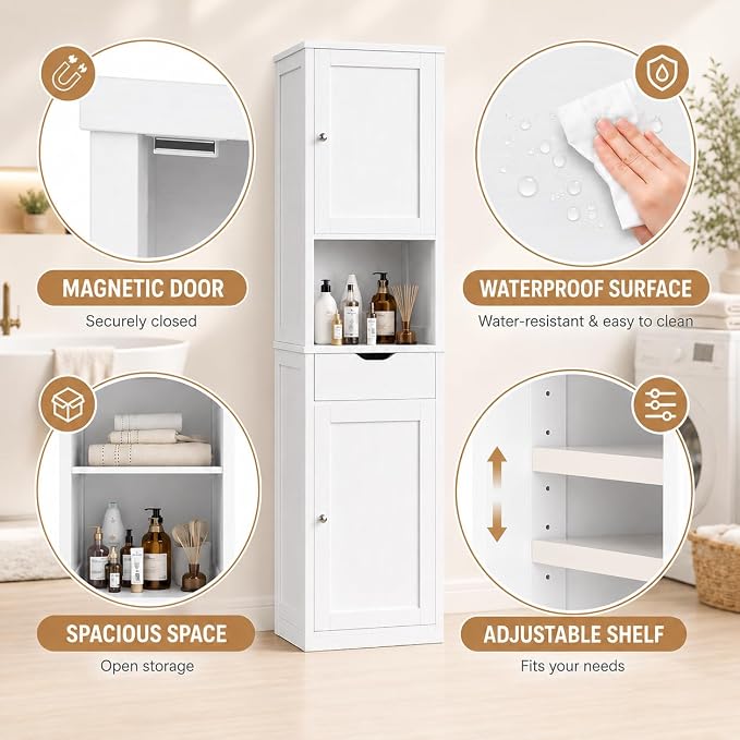 Walsunny Tall Bathroom Storage Cabinet with 6 Adjustable Shelves, White | Anti-Tip Safety, Waterproof MDF, 2 Doors + 1 Drawer, Easy Assembly, for Bathroom/Living Room/Kitchen