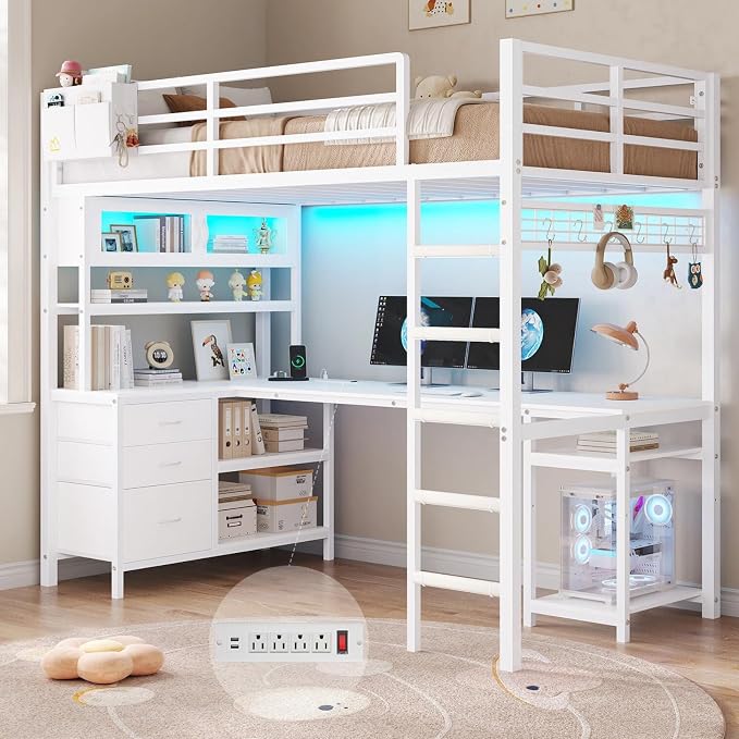DICTAC Twin Loft Bed with L-Shaped Desk,Bookshelf and Glass Cabinet,Gaming Loft Bed Twin Size with Led Lights,Hutch and Charging Station,Metal Loft Beds for Teen with Safety Guardrail and Stair,White