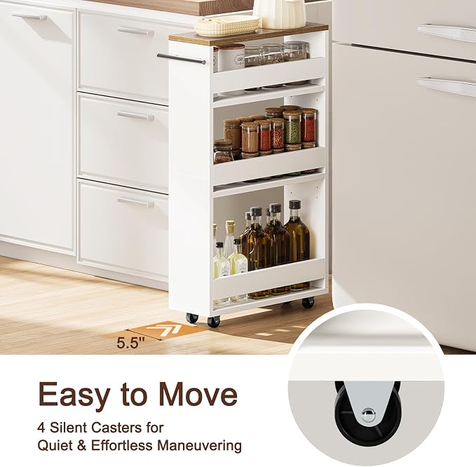 Yoobure Rolling Slim Storage Cart - Narrow Cart on Wheels, Slide Out Utility Carts with Adjustable Shelves, Organizer Trolley with Handle & Flip Top for Kitchen, Laundry