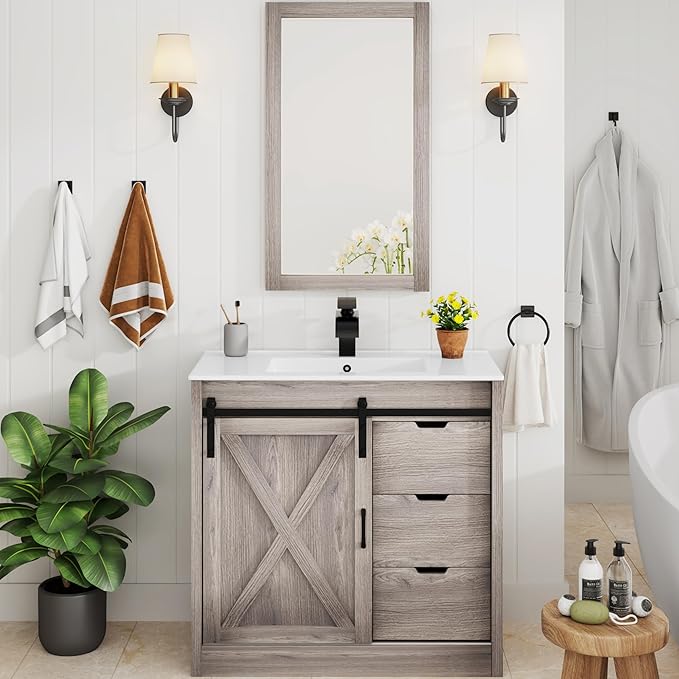 chartustriable 36 Inch Bathroom Vanity with Sink & Faucet & Mirror, Farmhouse Bathroom Vanity Cabinet Set with Sliding Barn Door & Drawers, Small Single Bath Storage Vanity Sink, Grey