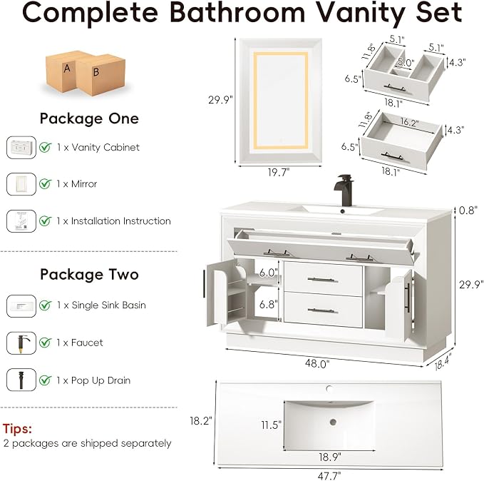St.Mandyu 48" Bathroom Vanity w/Sink & LED Mirror & Faucet,Modern Bathroom Vanities Set w/ 3-Color Lighting, Curved Splash-Reducing Basin, Bath Vanity w/Large Storage Cabinet&Drawers,White