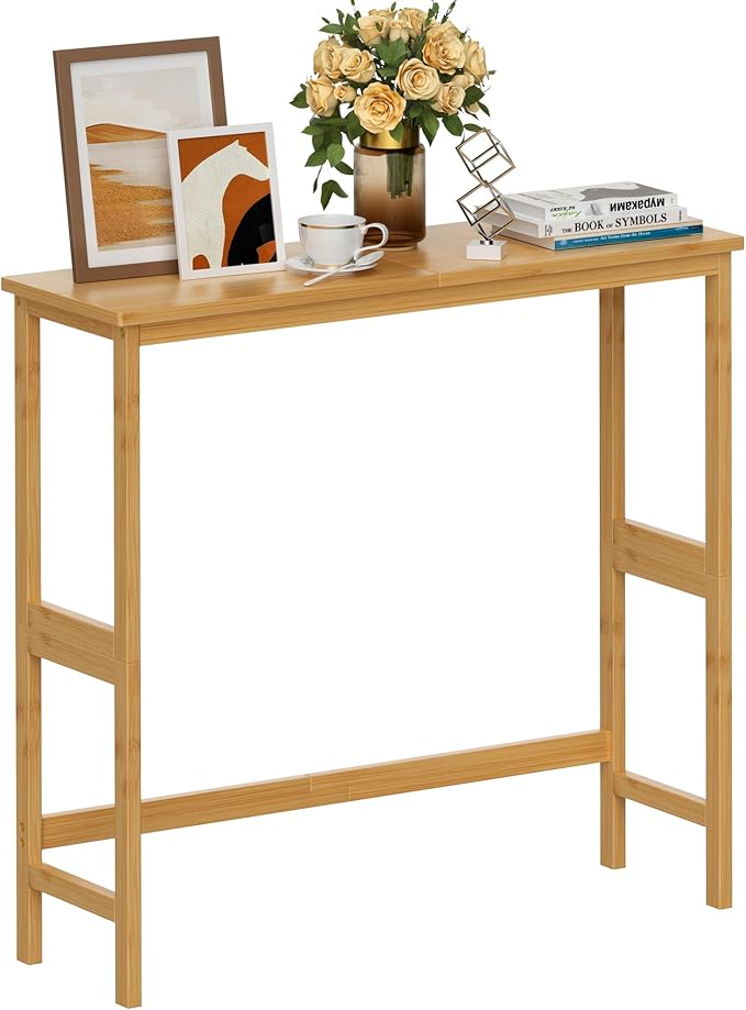 VASMIA Console Table, Small Entryway Table, Narrow Bamboo Sofa Table, for Entryway, Living Room, Foyer, Natural