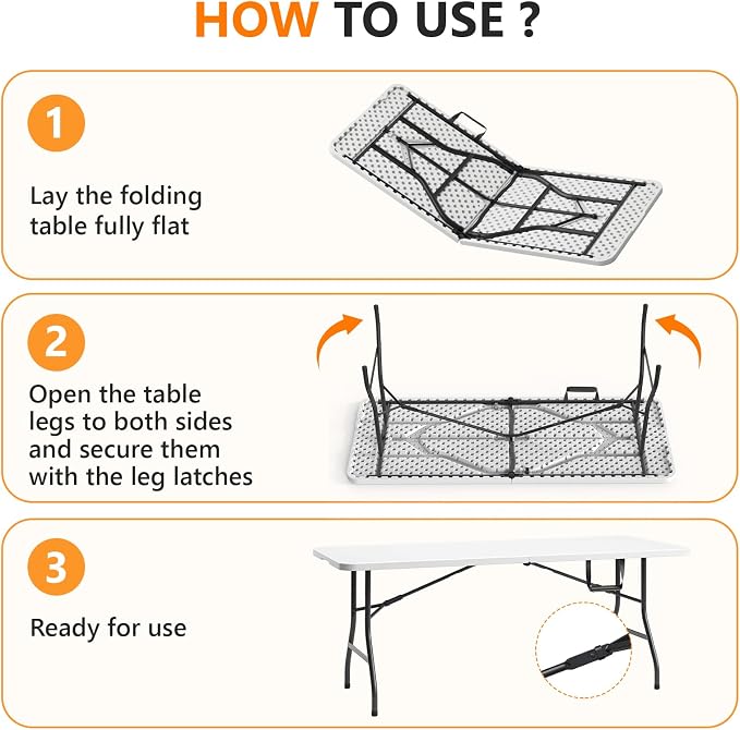 6 Foot Folding Table, Fold-in-Half Utility Table with Carrying Handle, 6FT Heavy Duty Portable Table for Party, Wedding, Picnic, Camping, Indoor & Outdoor, White
