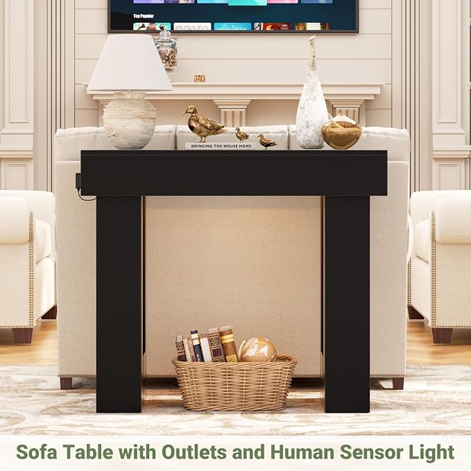 Unikito 39" Entry Table with Sensor Light and Power Outlets, Black