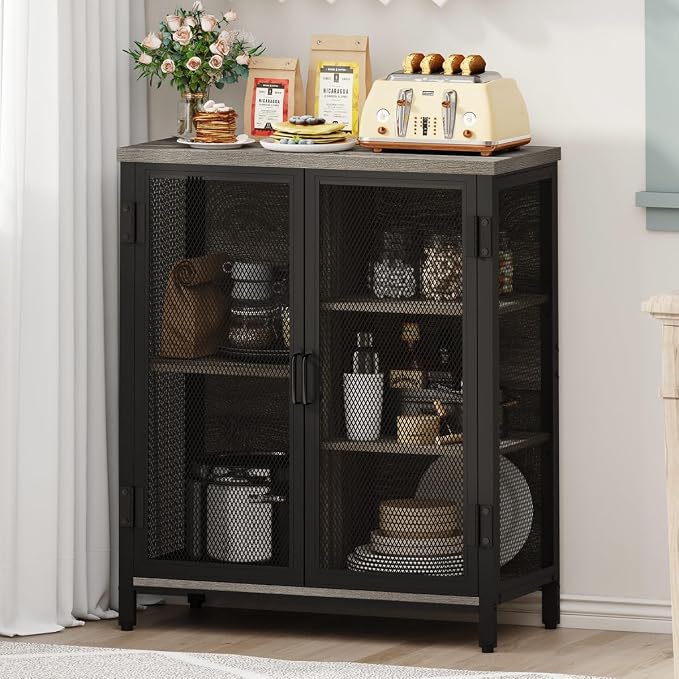 BON AUGURE Small Coffee Bar Cabinet with Storage, Farmhouse Liquor Cabinet for Home Coffee Station, Wood Sideboard Buffet with Doors for Kitchen, Dining Room, Living Room, Dark Grey Oak