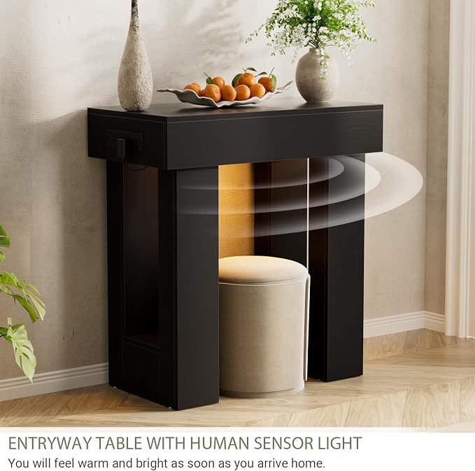 Unikito 32" Entry Table with Sensor Light and Power Outlets, Black