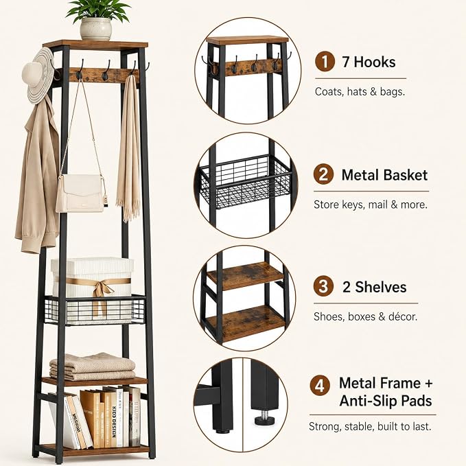 Coat Rack with Metal Basket and Storage Shelves