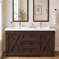 Cushore Double Sink Bathroom Vanity, 60 Inch Bathroom Vanity Double Sink with 2 Farmhouse Barn Doors & 3 Drawers, Dual Rounded Basins, Bathroom Vanity Sink Cabinet, Rustic Brown