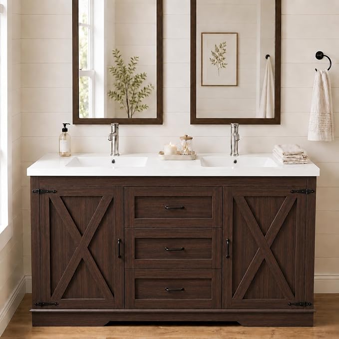 Cushore Double Sink Bathroom Vanity, 60 Inch Bathroom Vanity Double Sink with 2 Farmhouse Barn Doors & 3 Drawers, Dual Rounded Basins, Bathroom Vanity Sink Cabinet, Rustic Brown