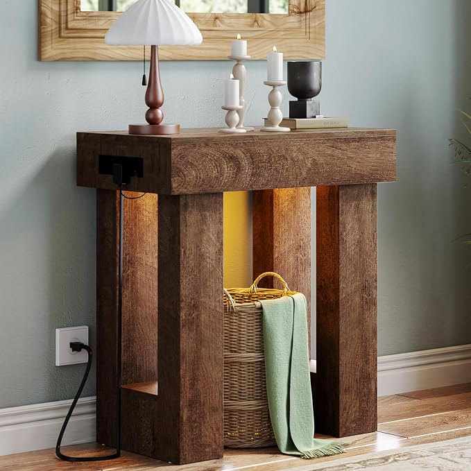 Unikito 32" Entry Table with Sensor Light and Power Outlets, Rustic Oak