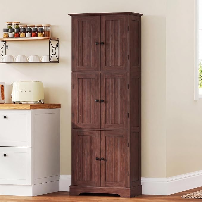 ChooChoo 63.2" Tall Bathroom Storage Cabinet with 6 Doors | Freestanding Floor Cabinet, Adjustable Shelves, Pantry Cabinet for Bathroom, Kitchen, Laundry Room, Rustic Walnut
