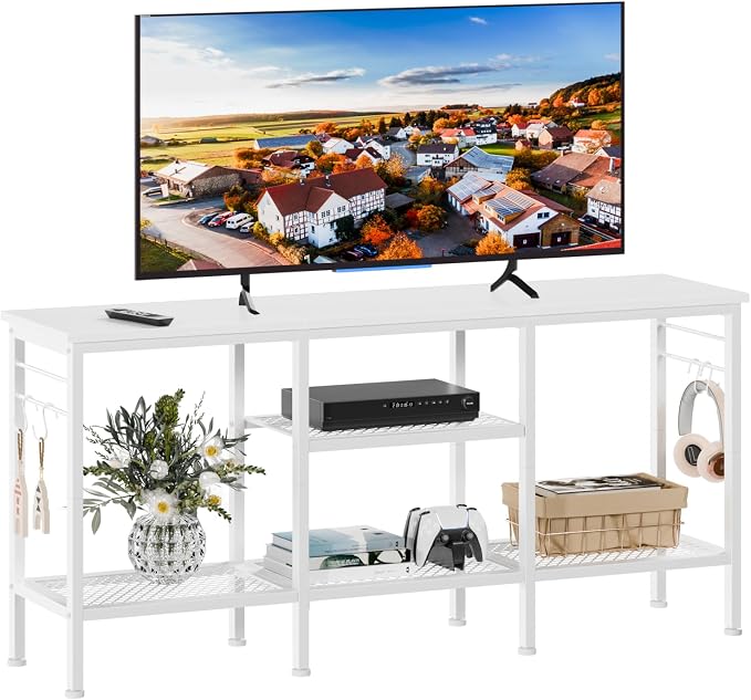 Furologee TV Stand for TVs up to 55 Inch, Entertainment Center with Open Storage Shelves, Media Console Table with Soundbar Shelf for Living Room, Bedroom, White