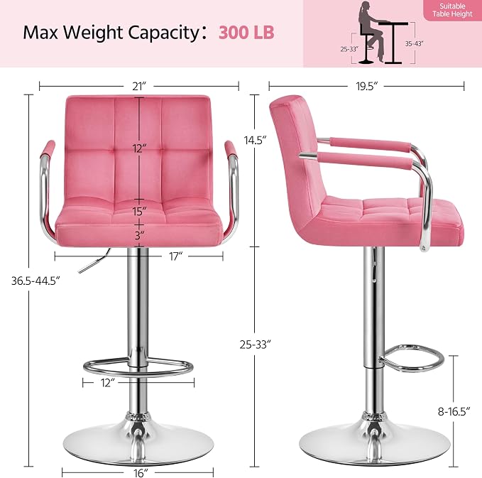 Yaheetech Bar Stools Set of 4, Swivel with Backs, Adjustable Height, Pink