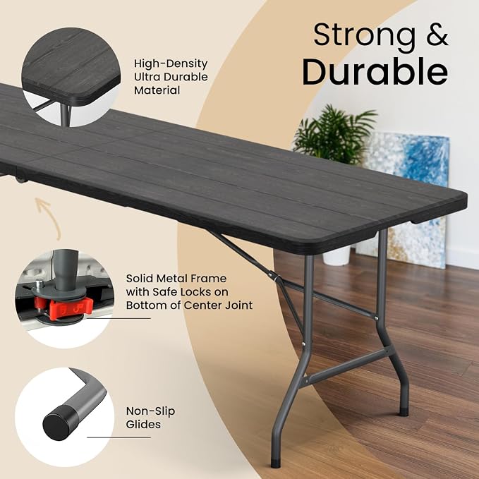 2 PACK of 8 Feet Foldable Table with Built in Handle & Steel Legs | 8 FT Heavy Duty Portable | Perfect for Party, Dining, Wedding, Events, Picnic Indoor, Outdoor, Camping, Temporary - 8 Foot