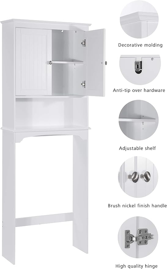 Spirich Over The Toilet Storage Cabinet with Doors, Bathroom Organizer | White, Adjustable Shelf, Anti-Tip Fitting, FSC-Certified MDF, Beadboard Design, 33.3" Toilet Clearance, Adjustable Crossbar