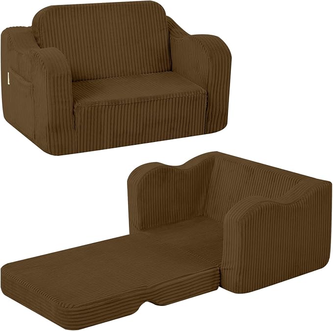 MeMoreCool Kids Sofa, 2-in-1 Corduroy Fold Out Recliner Chair, Brown